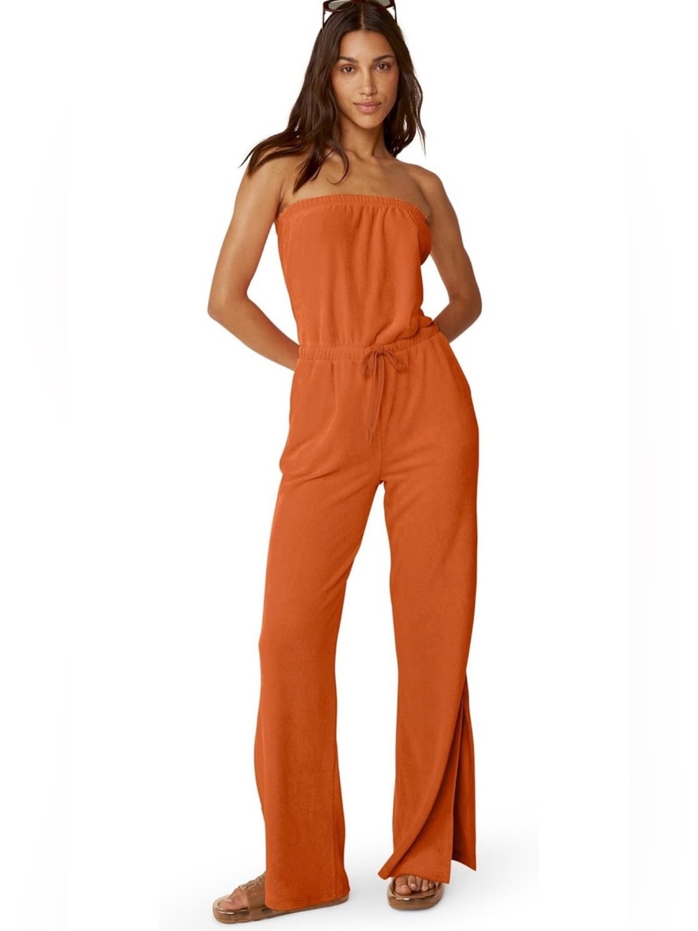 Beyond Yoga Tropez Strapless Wide-Leg Jumpsuit in Orange Dream
